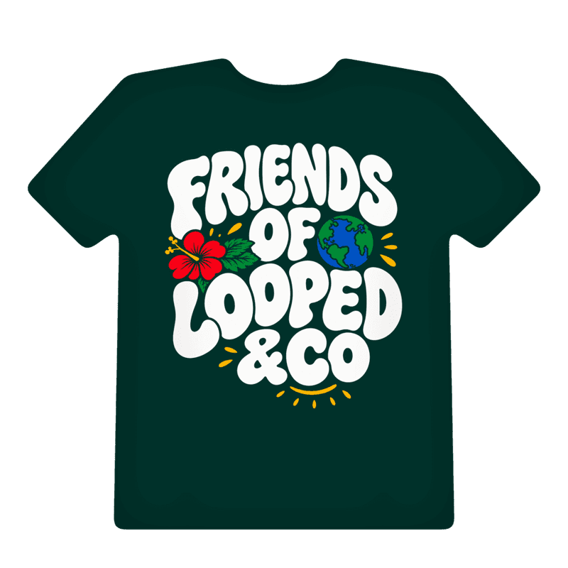 The green Friends of Looped & Co tee laid flat, back print